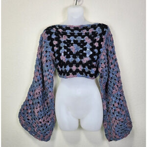 Handmade Granny Square Crochet Cropped Sweater XS-S Boho Hippie Flared Sleeve